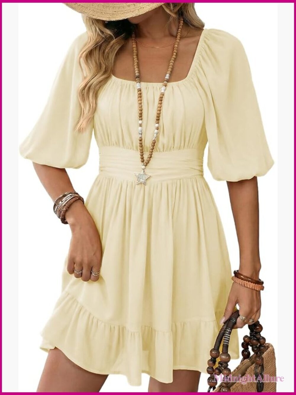 Square Neck Lantern Sleeve Ruffle A-Line Mini Dress